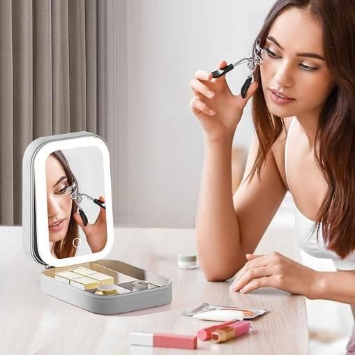 Leather Mirror Box – with Built-in LED Vanity Mirror for Jewelry & Accessories