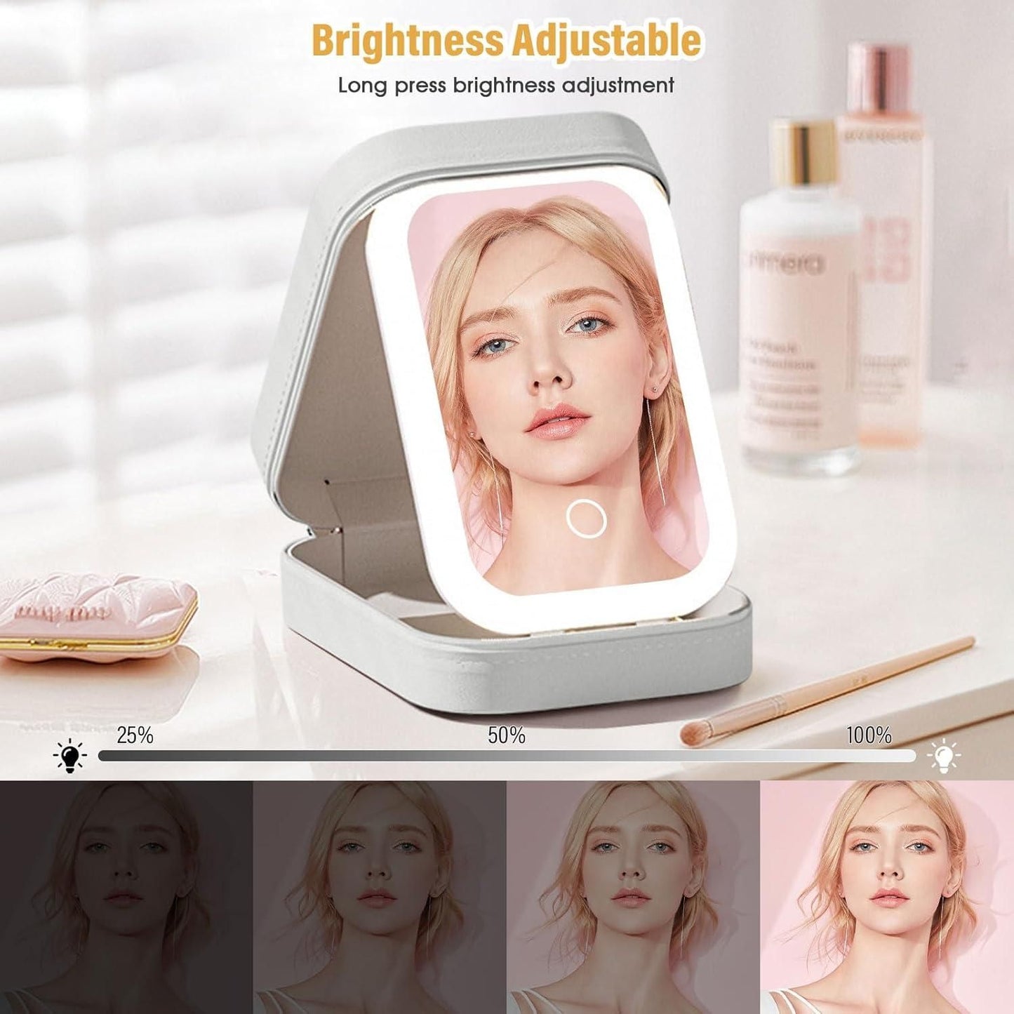 Leather Mirror Box – with Built-in LED Vanity Mirror for Jewelry & Accessories