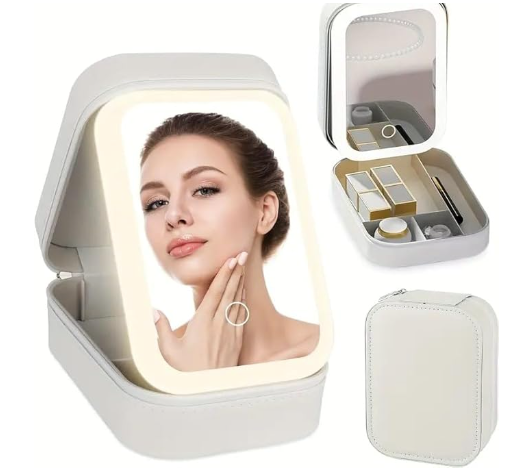 Leather Mirror Box – with Built-in LED Vanity Mirror for Jewelry & Accessories