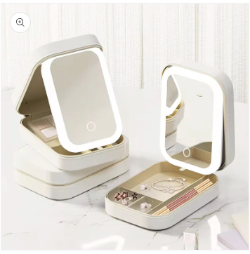 Leather Mirror Box – with Built-in LED Vanity Mirror for Jewelry & Accessories