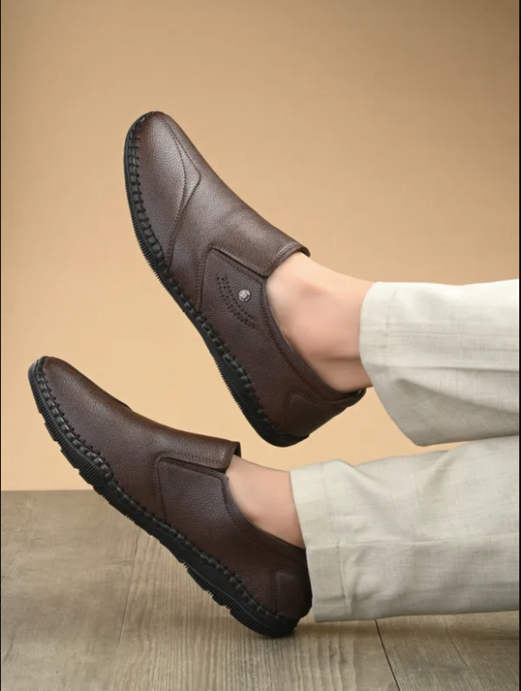 Brown Solid Round Toe Formal Slip-On Shoes