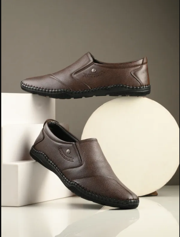 Brown Solid Round Toe Formal Slip-On Shoes