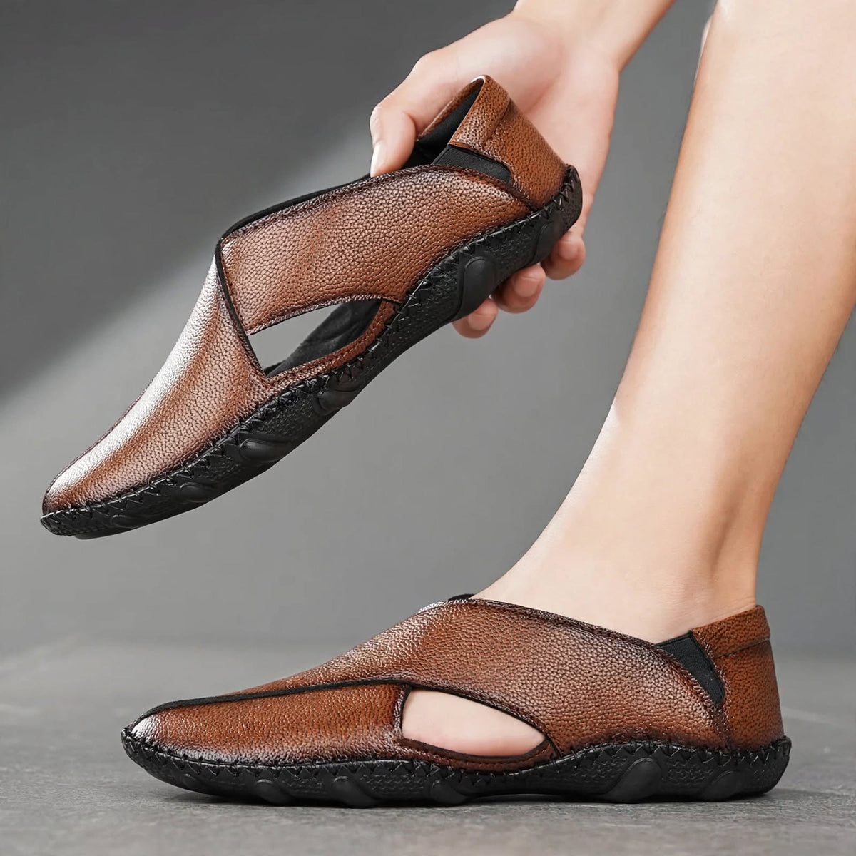 Aerowalk tan men's sandals with Peshawari design