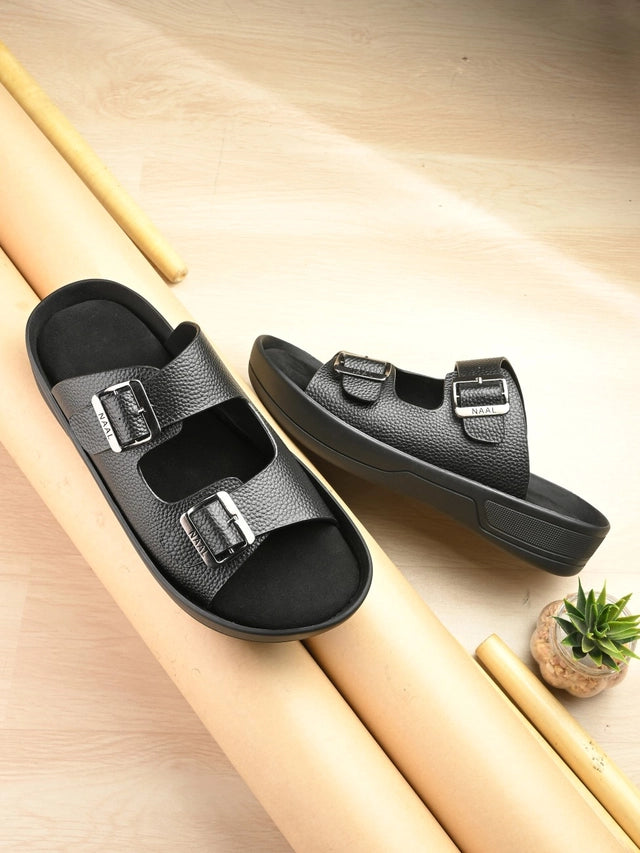 Men's Synthetic Leather Black Slipper
