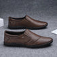 Men's brown synthetic leather slip-on shoes with round toe - side view